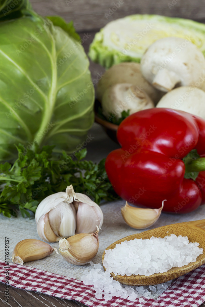 head of garlic and sea salt head of garlic and sea salt