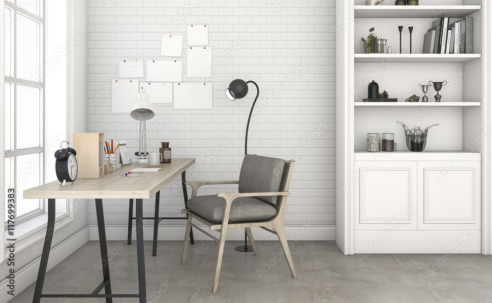 3d rendering white brick wall working room 3d rendering white brick wall working room