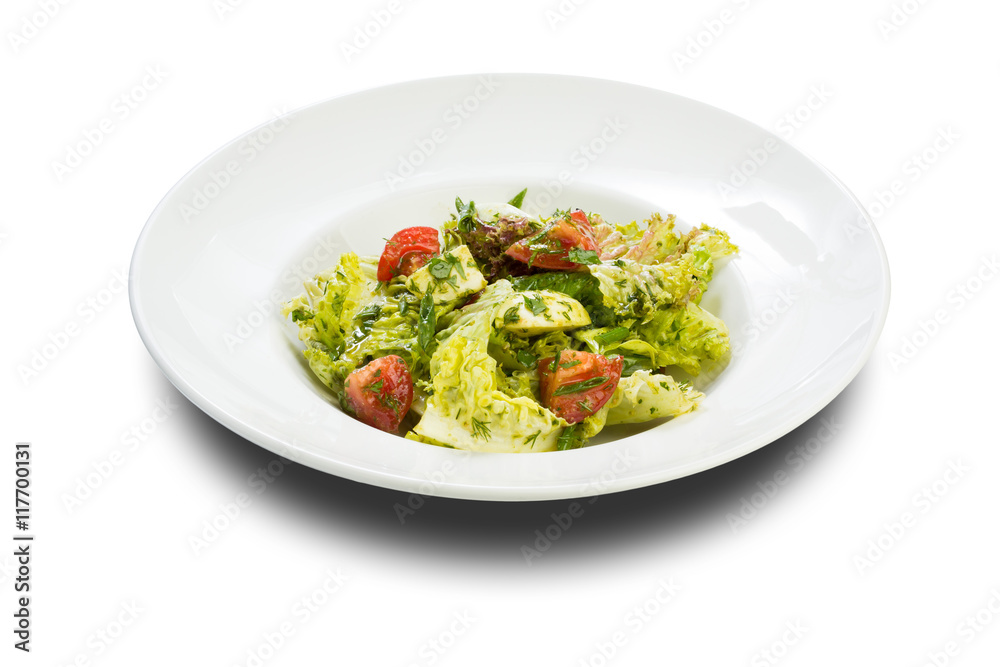 vegetable salad with mozzarella tomatoes on a white plate and a white background vegetable salad with mozzarella tomatoes on a white plate and a white background