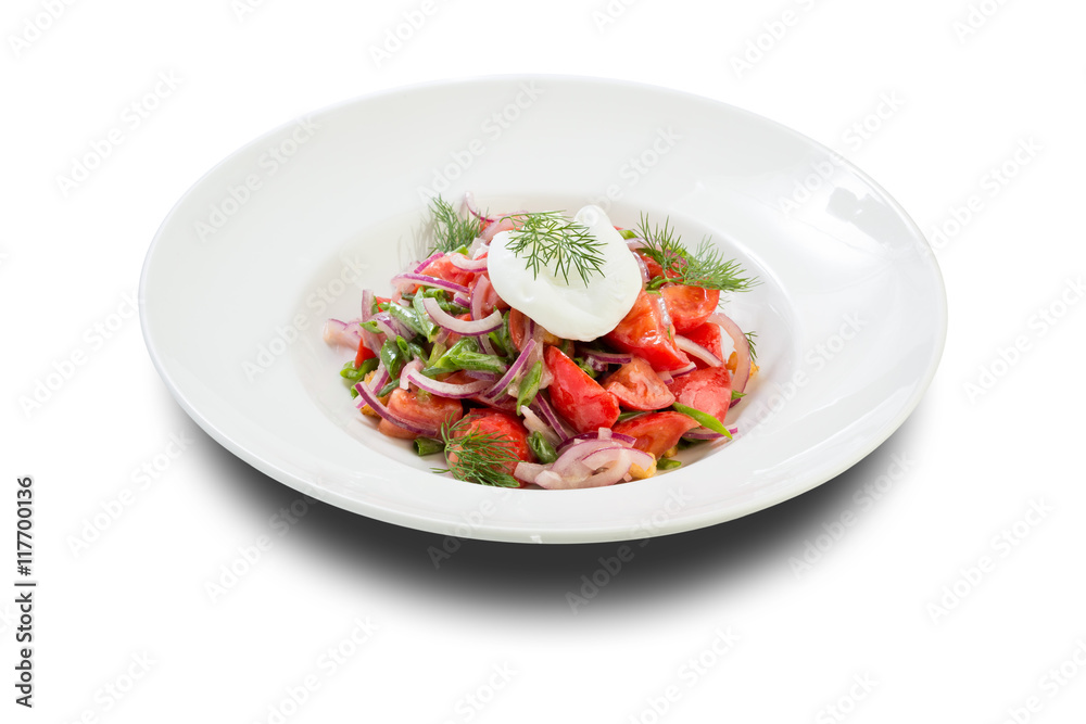 vegetable salad with poached egg tomato and dill on a white plate and a white background vegetable salad with poached egg tomato and dill on a white plate and a white background