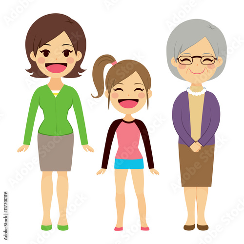 Illustration of three generations of women of different ages from child to young adult mother and senior grandmother