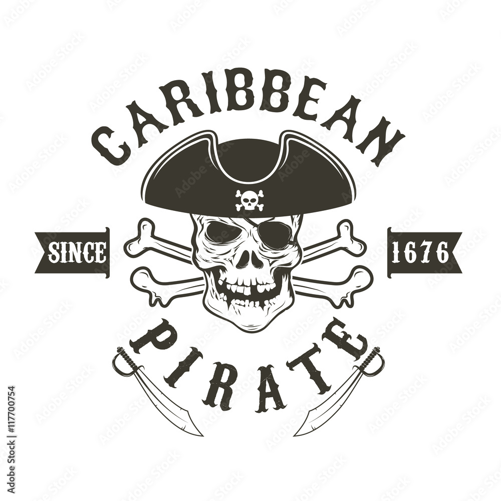 Caribbean pirate.  Pirate skull in admiral headdress and swords.