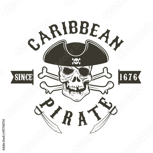 Caribbean pirate.  Pirate skull in admiral headdress and swords.