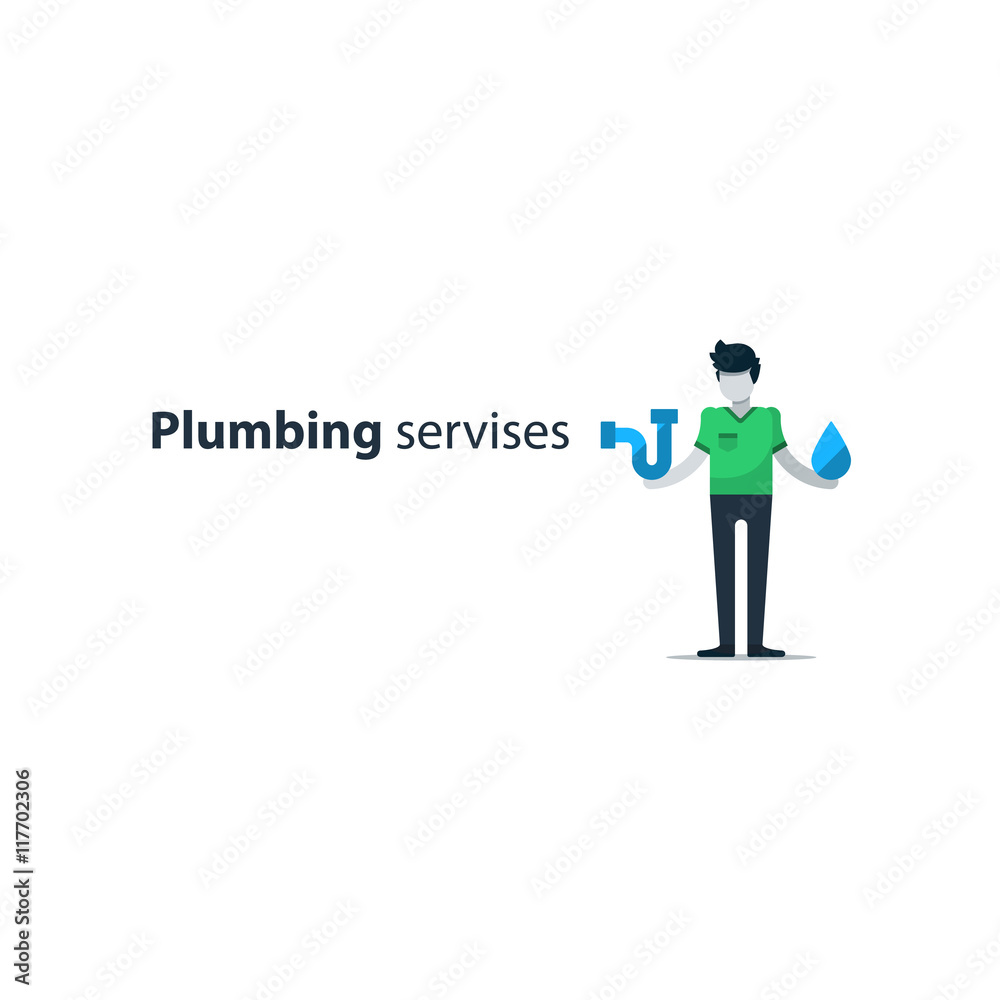 Plumbing services concept, plumber isolated, water works. Flat design illustration
