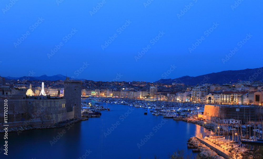 Saint Jean Castle and Cathedral de la Major and the Vieux port at the night in Marseille, France