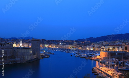 Saint Jean Castle and Cathedral de la Major and the Vieux port at the night in Marseille  France