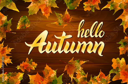 hello autumn text on wooden background orange leaf vector