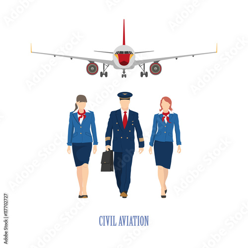The pilot and a flight attendant on the plane background