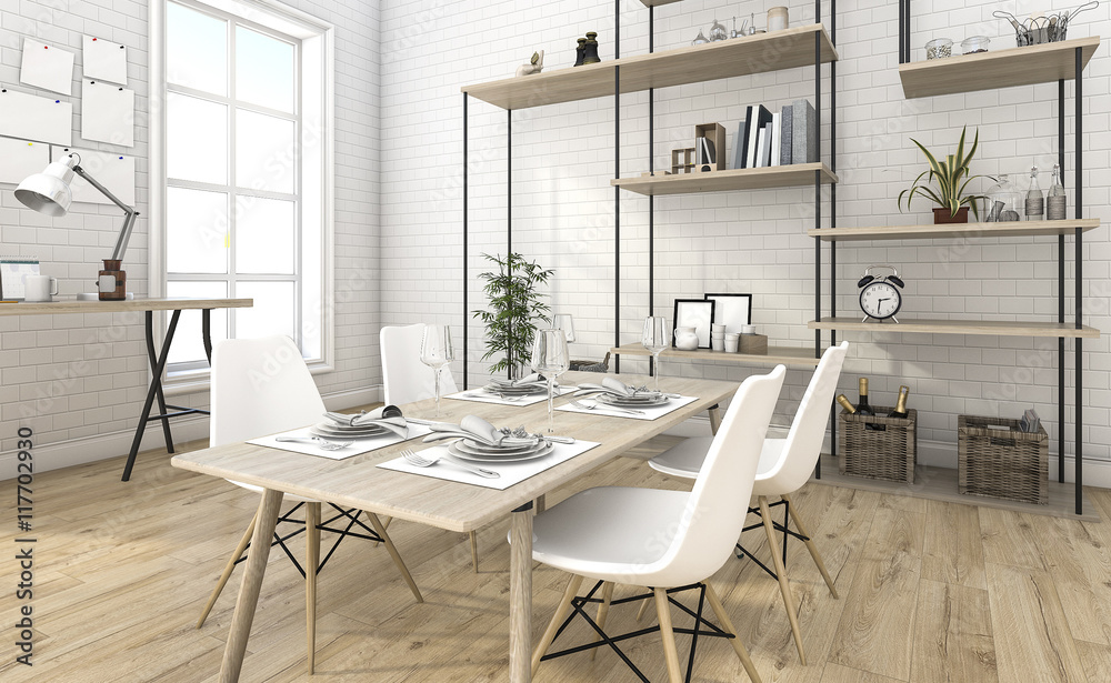 3d rendering nice brick dining room with shelf idea