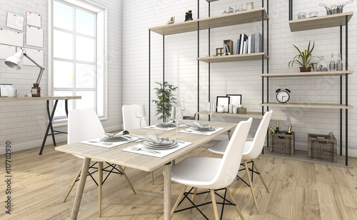 3d rendering nice brick dining room with shelf idea © dit26978