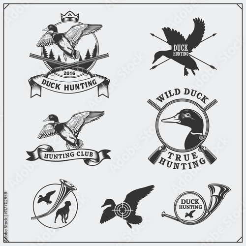 Set of hunting labels and emblems with wild duck.