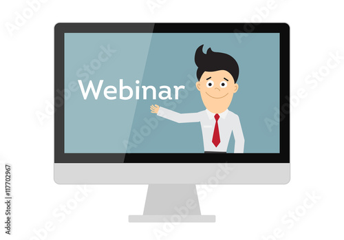 Online webinar concept. Computer monitor with teacher, tutor, businessman. Online learning or e-learning.