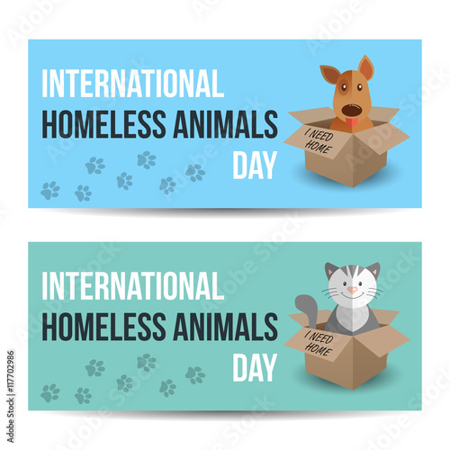 Modern colorful horizontal banners template. International homeless animals day. Cute cat and dog in a box with I Need Home text. Vector illustration for web design. Pets adoption concept.