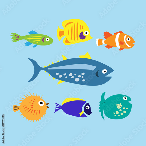 Set of cute cartoon colored marine fishes