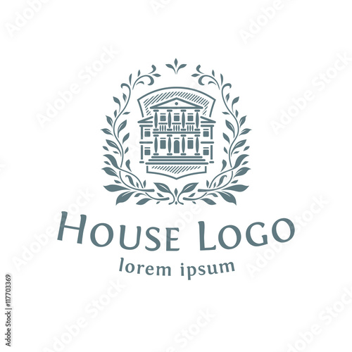Emblem with the house. White background.