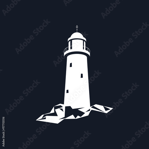 Lighthouse, Beacon Isolated on Black Background, Lighthouse Stands on Rocks, Vector Illustration