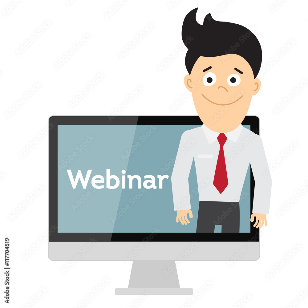 Online webinar concept. Computer monitor with teacher, tutor, businessman. Online learning or e-learning. Online webinar concept. Computer monitor with teacher, tutor, businessman. Online learning or e-learning.