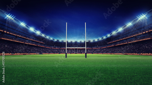 huge rugby stadium with fans and green grass