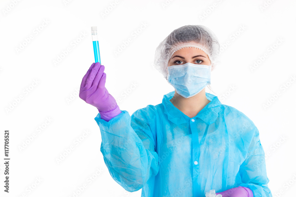 The woman showes blue tube The woman showes blue tube