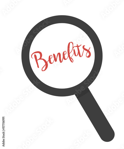 Inscription benefits under magnifying glass on a white background