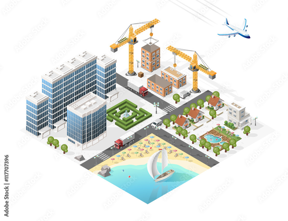 Set of Isolated High Quality Isometric City Elements on White Background. 