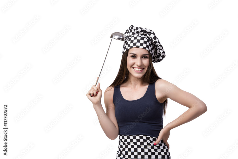 Young woman chef cook isolated on white