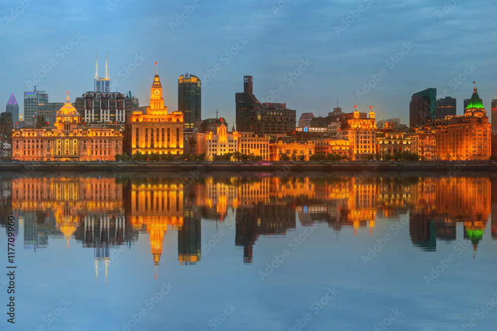 Skyline of The Bund, marvellous historical buildings and Huangpu River on sunset, Shanghai, China