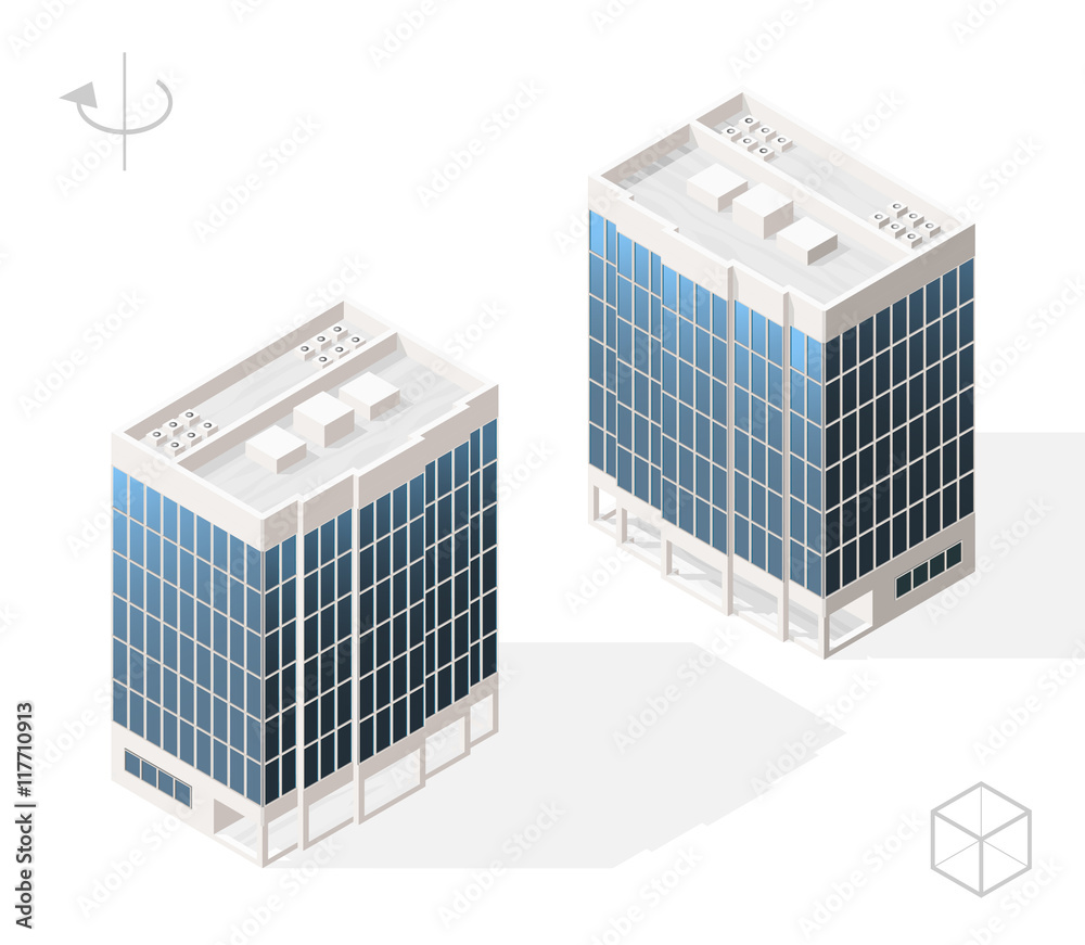 Isometric High Quality City Element with 45 Degrees Shadows on White Background. Skyscraper. Two Positions ( Left and Right ). Isometric High Quality City Element with 45 Degrees Shadows on White Background. Skyscraper. Two Positions ( Left and Right ).