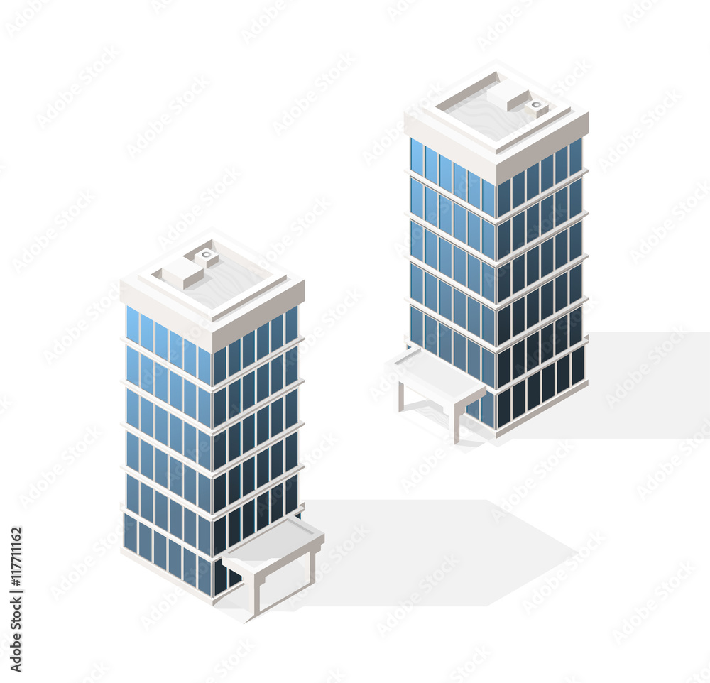 Isometric High Quality City Element with 45 Degrees Shadows on White Background. Skyscraper.
