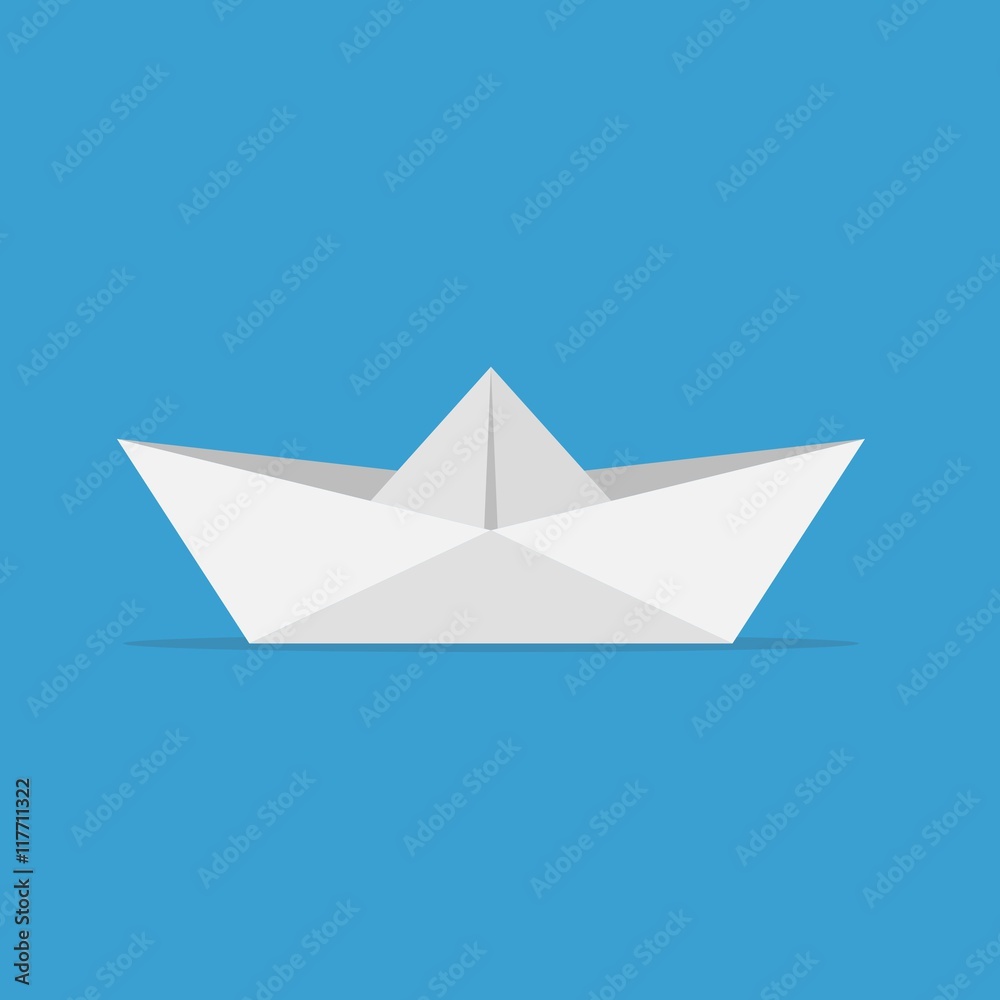 Paper boats ship origami toy vessel transport. Ocean navy freedom yacht paper ship in flat style on blue background.