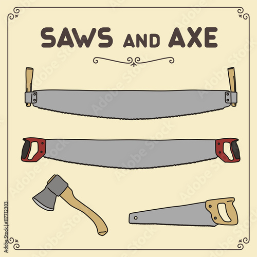 Vector set isolated two-man saw, hand saw and axe. Icon saws. Woodworking tool.