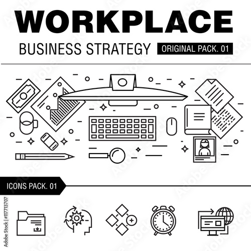 Modern workplace business strategy. Thin line icons set of office space. desktop work set collection with technology interior elements. Premium quality vector symbol. Stroke pictogram for web design.