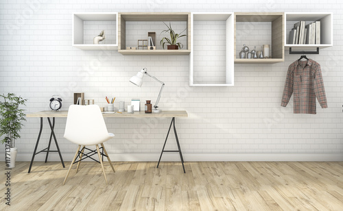 3d rendering white vintage working room with nice shelf