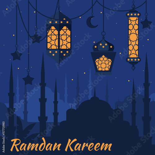 Ramadan Kareem - Islamic Holy Nights, Theme Design background, Ramadan latern, saint fest, arabian and turk religion culture set, Mosque with minaret, east cityscape, Night city