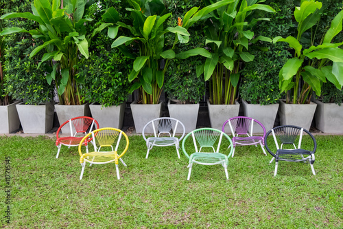 colorful weave chairs in garden