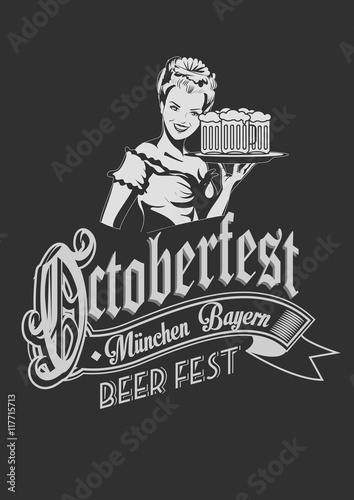 Pretty Bavarian girl with beer. Oktoberfest label ghotic lettering. Ribbon banner.