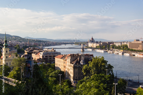 cityscape landscape of bridges over Donau river in Budapest, Hungary during sunset