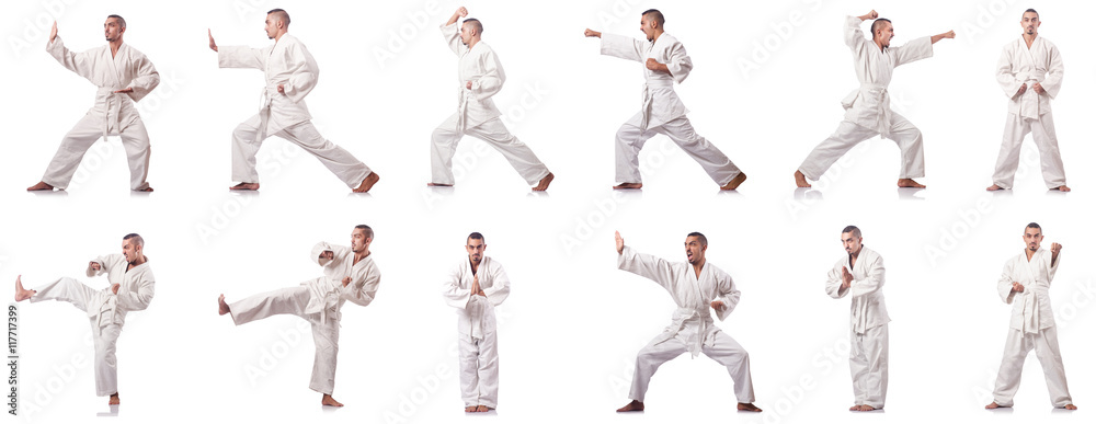 Collage of karate player in kimono isolated on white Collage of karate player in kimono isolated on white