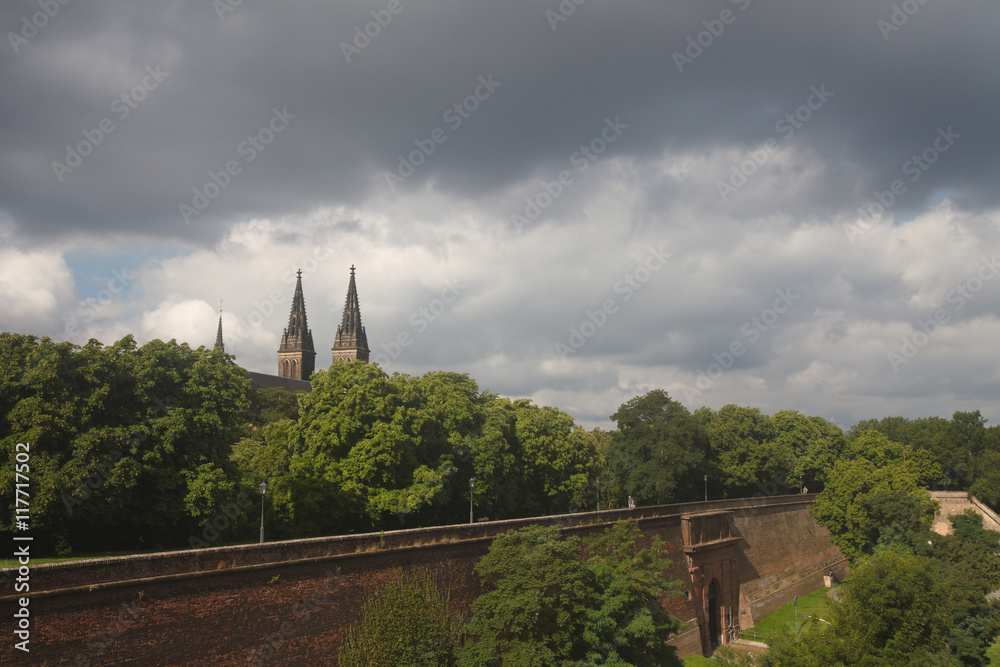 View of the fortress of Vysehrad before the storm. Prague