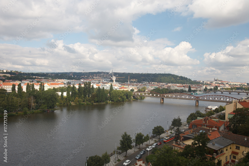 View of the River Vltava and the railway bridge. Prague