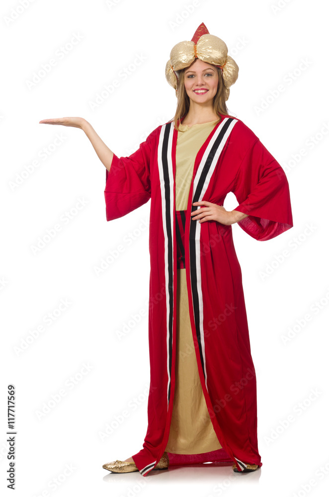 Woman wizard in red clothing isolated on white