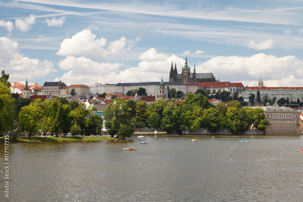 Fototapeta premium View of the Vltava river, Prague Castle and St. Vitus Cathedral. Czech Republic 