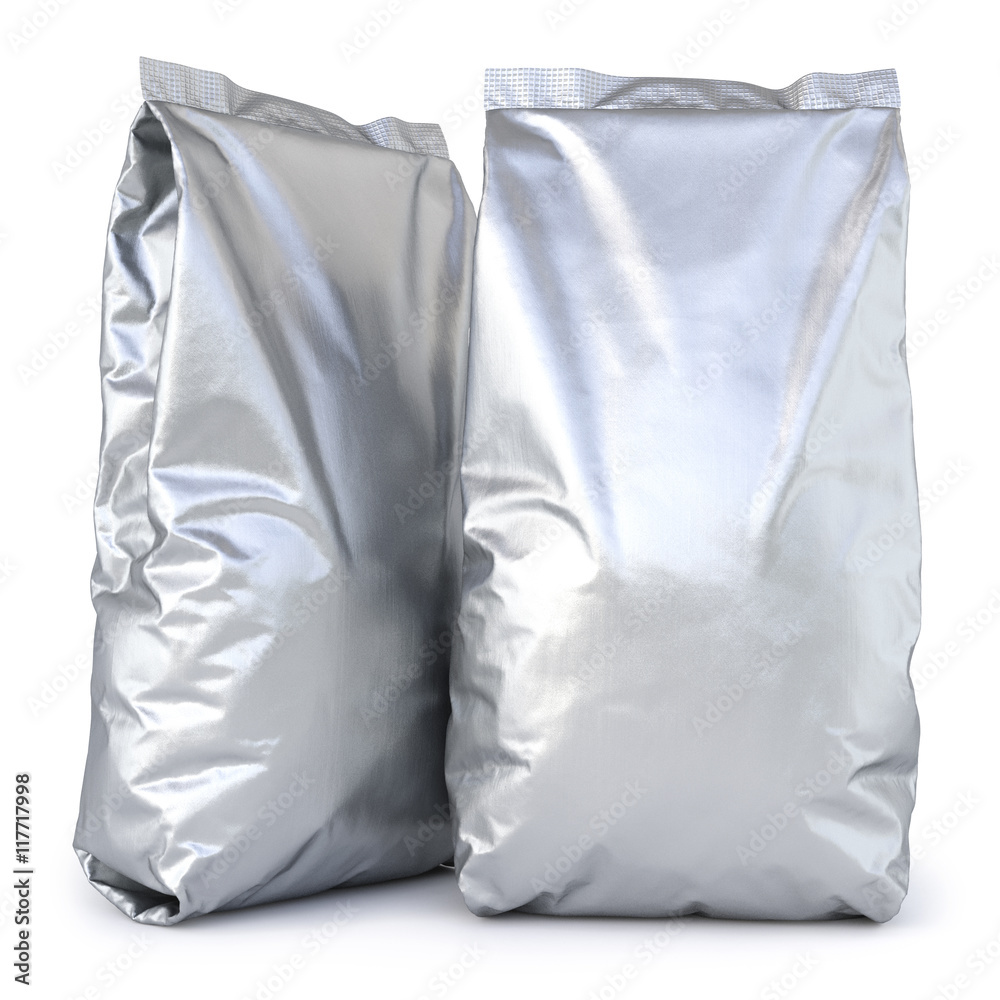 aluminum foil package. Isolated on white background. 3D illustration.