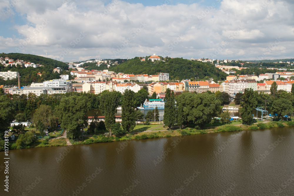 View from Vysehrad on the river Vltava and residential buildings. Prague