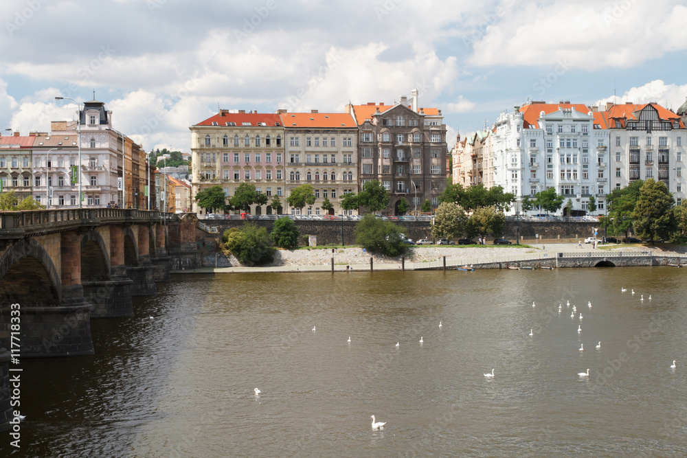 view of the city of Prague. Palacky Bridge and the Embankment
