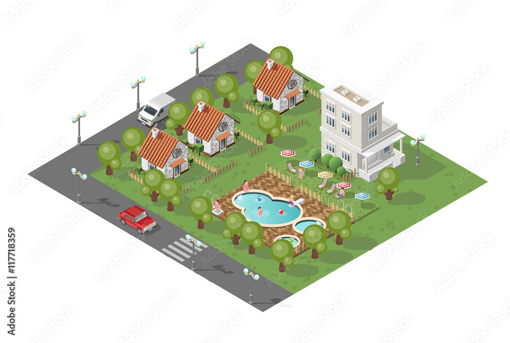 Set of Isolated High Quality Isometric City Elements. Cottages with Swimming Pool on White Background. Set of Isolated High Quality Isometric City Elements. Cottages with Swimming Pool on White Background.
