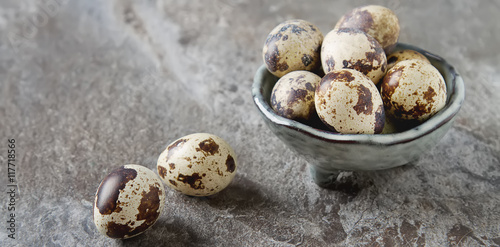 Tela Little quail eggs on old gray plate. Grey stone background