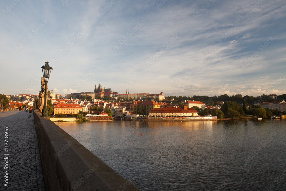 Early morning. View from Charles Bridge to Prague Castle

