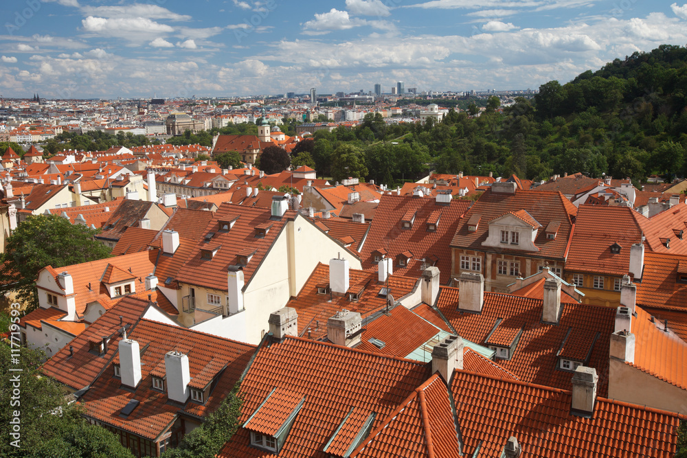 Panorama of Prague downtown with red roofs
