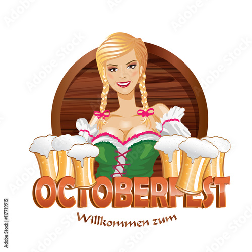 Pretty blond girl with beer, Oktoberfest logo design. Vector illustration.
